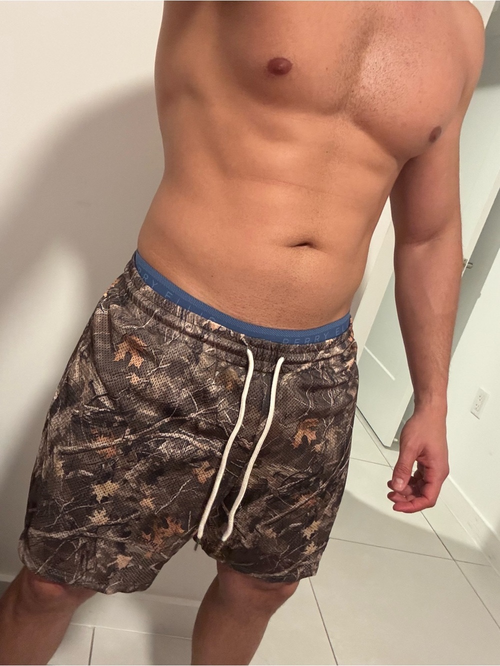 Men's Brown Camo Swim Trunks with Drawstring Waist